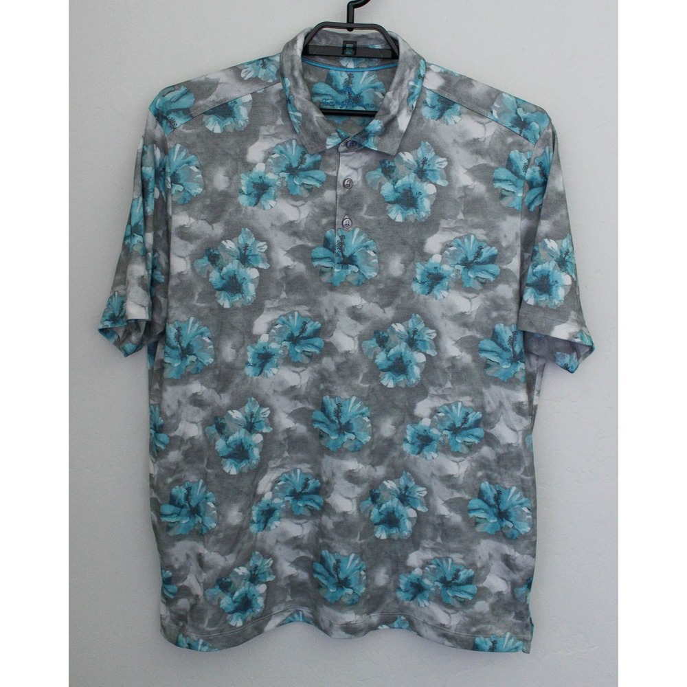 Tommy Bahama Polo Shirt Mens XL Gray Blue Hibiscus Floral Pima Cotton Stretch